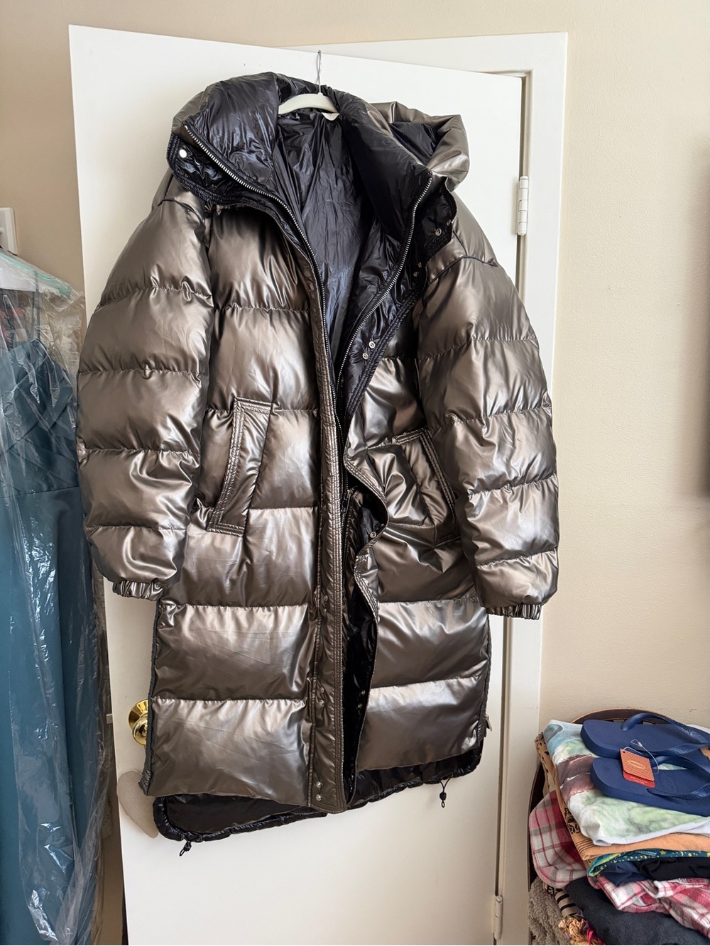 Nap Loungewear Long Metallic Puffer Jacket in Gunmetal